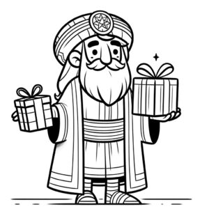 Segundo Rey Mago, caja de regalo, dibujo sencillo, estilo caricaturesco, colorear para niños, personalización, dibujode.com, celebración navideña, generosidad.