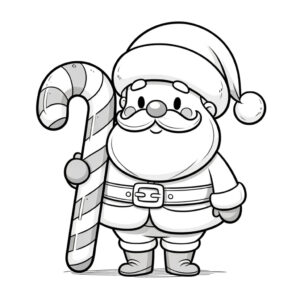 Santa Claus, bastón de caramelo, colorear, Navidad, alegría, niños, dibujo simple, fondo minimalista, espíritu festivo, creatividad, actividad navideña, ilustración fácil, sonrisa radiante, regalo dulce.
